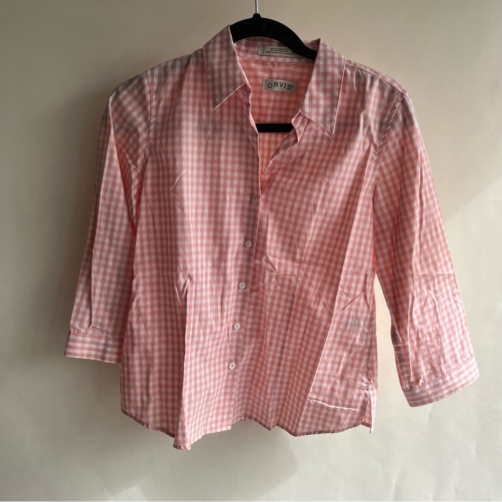 Orvis Gingham Checks Plaid Peach Sz 4 Women’s 3/4 Sleeve Collared Button Up EUC